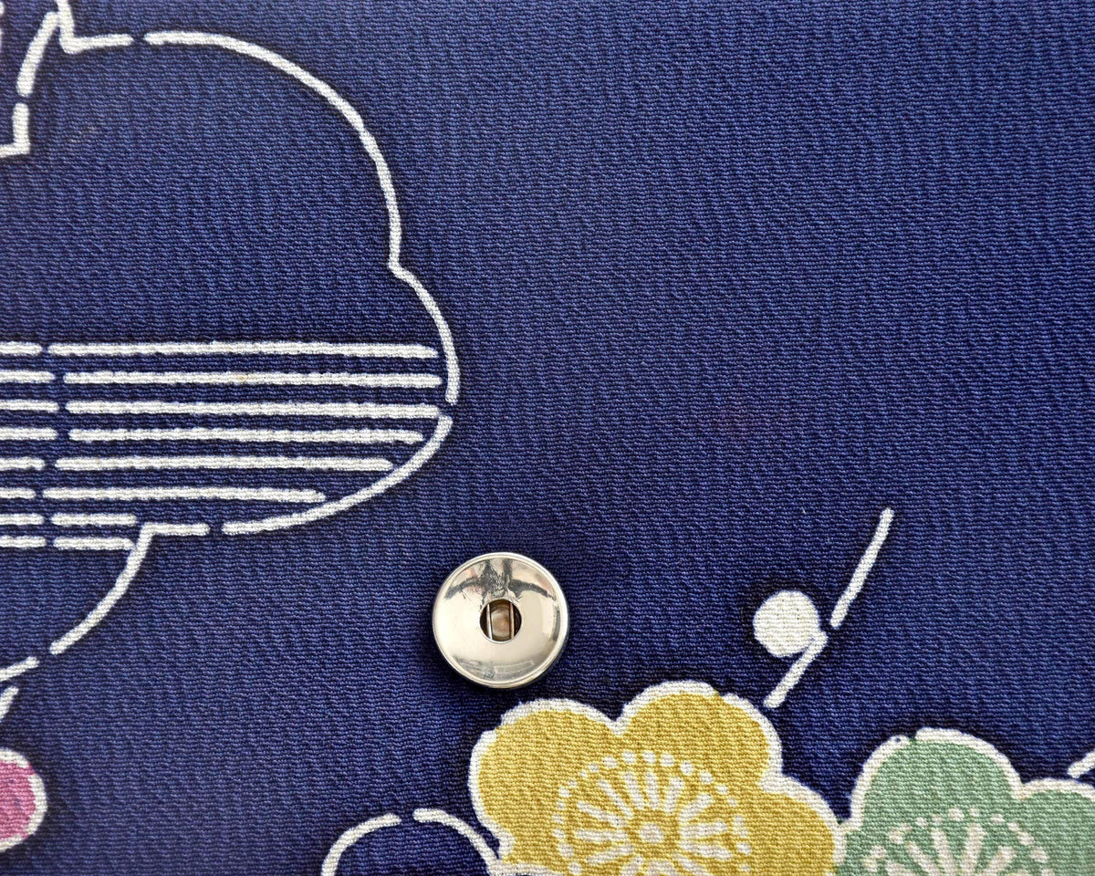Navy Chirimen Kimono Clutch With Tsuru Crane Motif detail of the magnetic snap closure hardware