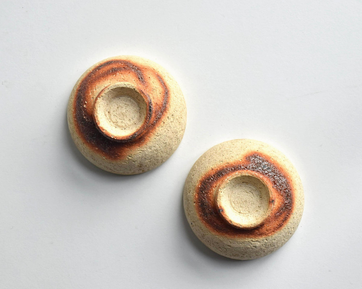 Ochre And Reddish-Brown Ceramic Sake Cup Pair showing base and bottom