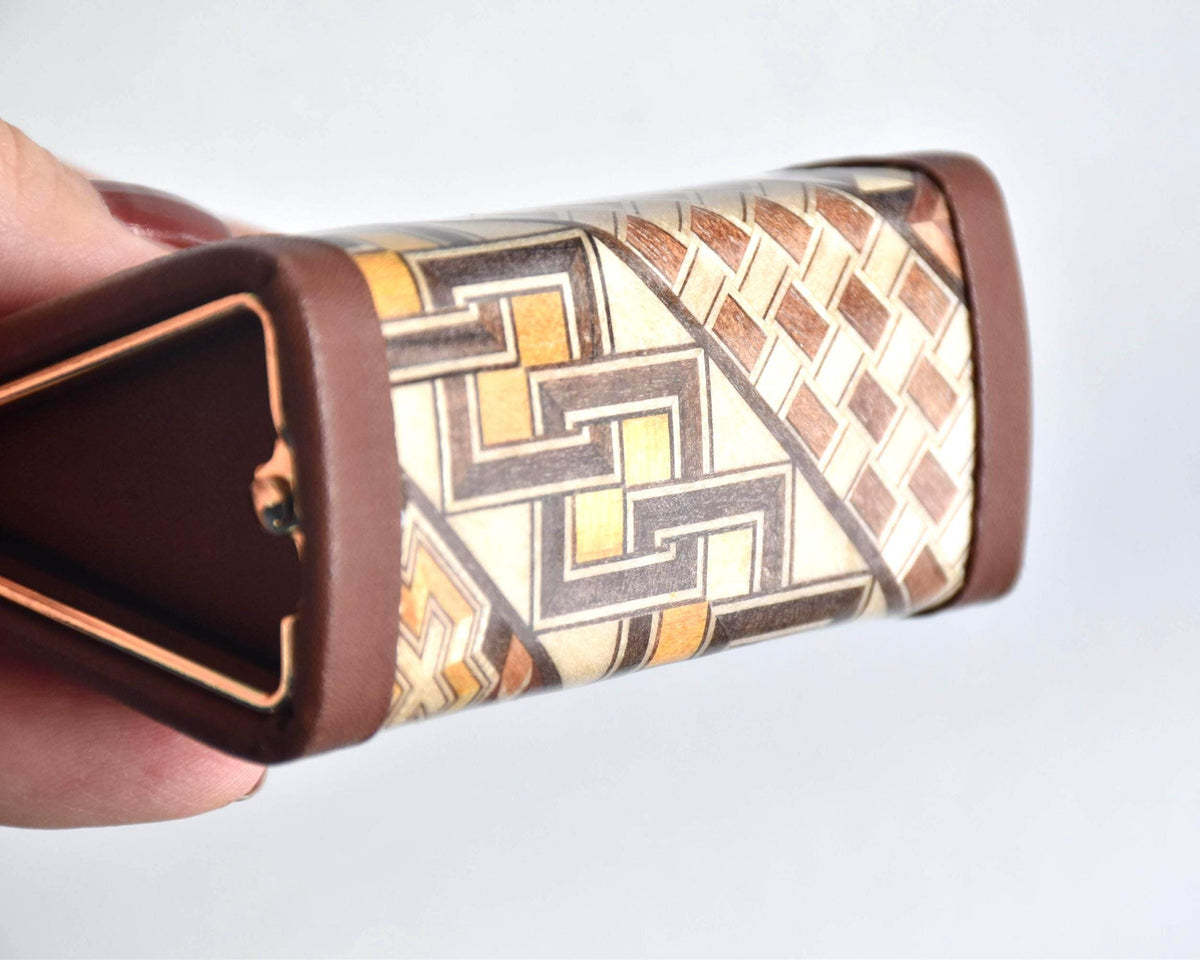 Yosegi Zaiku coin purse side view of wooden marquetry and brown trim