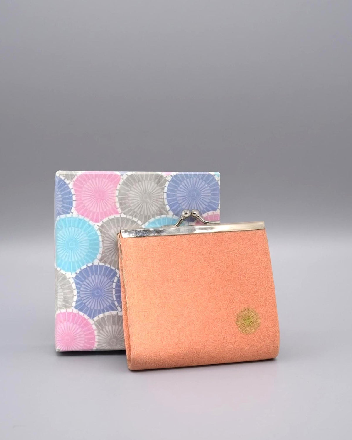 Peach Gamaguchi Coin Purse With Gold Chrysanthemum in box