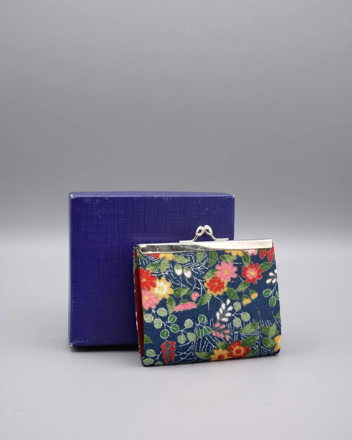 Navy Blue Floral Hana Chirimen Gamaguchi Coin Purse made in Japan with vintage textile and silver-tone metal clasp
