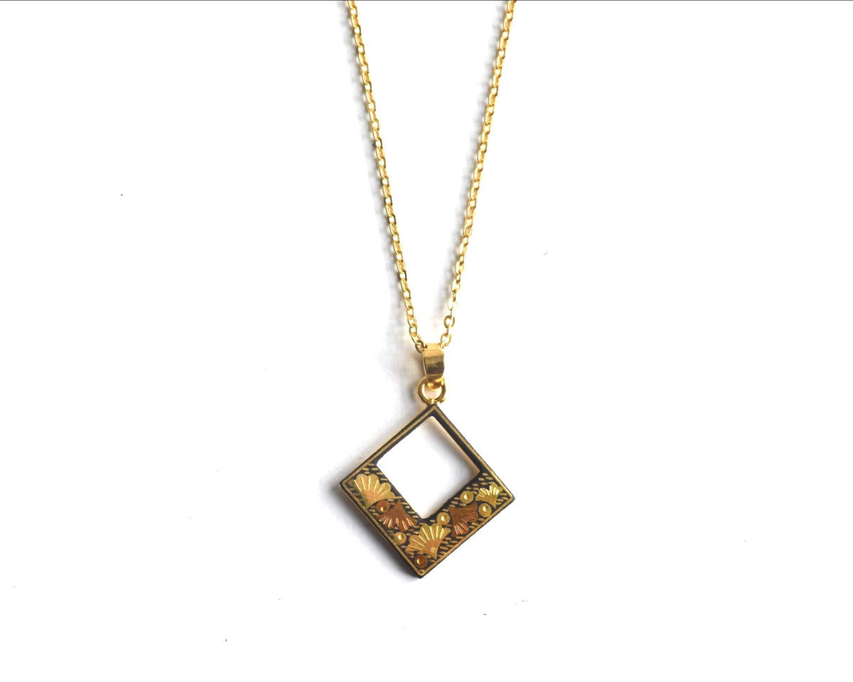 Floral Zogan Damascene Inlay Gold Necklace hanging straight against white background