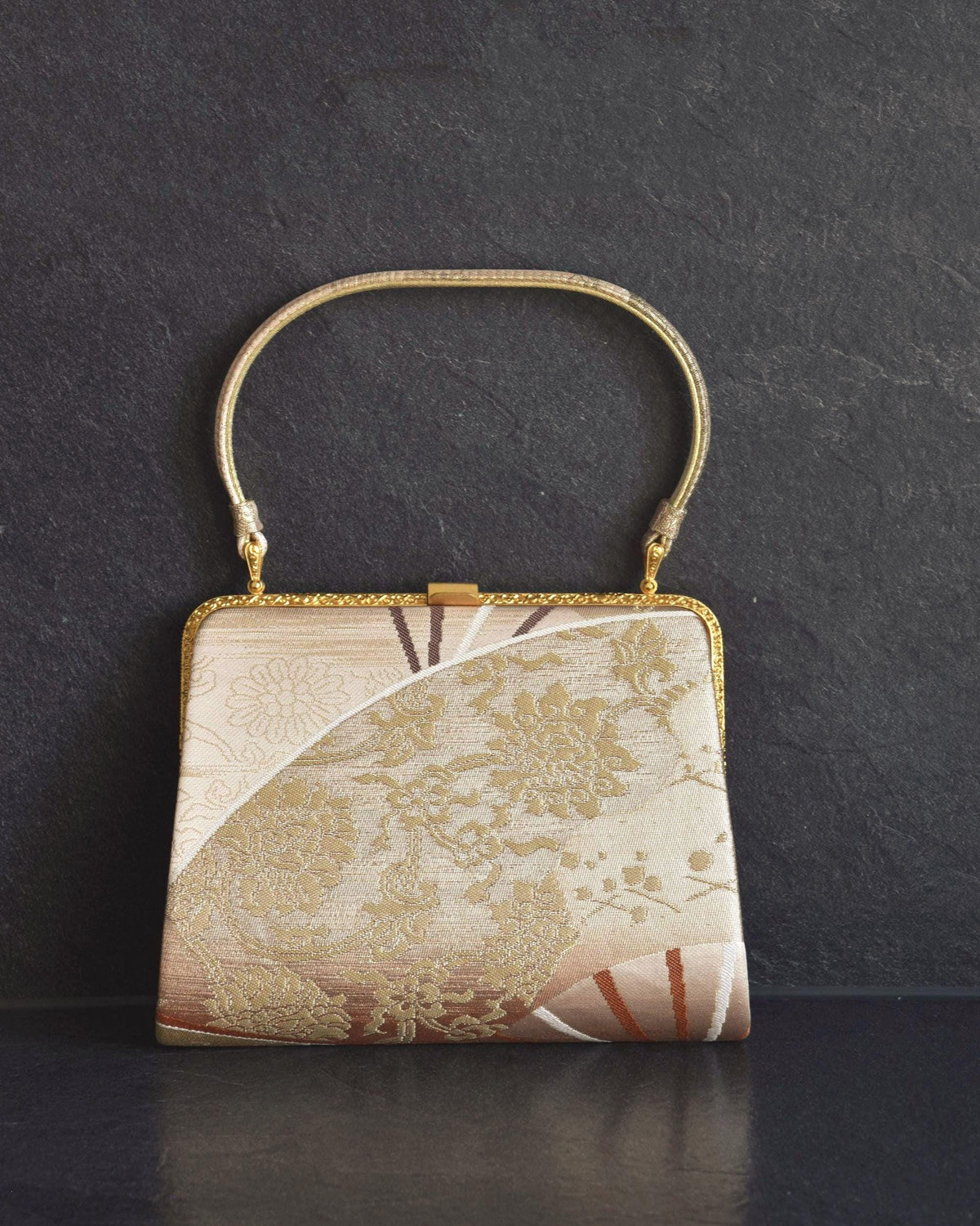 Gold And Champagne Obi Brocade Kimono Bag With Fan Motif back view