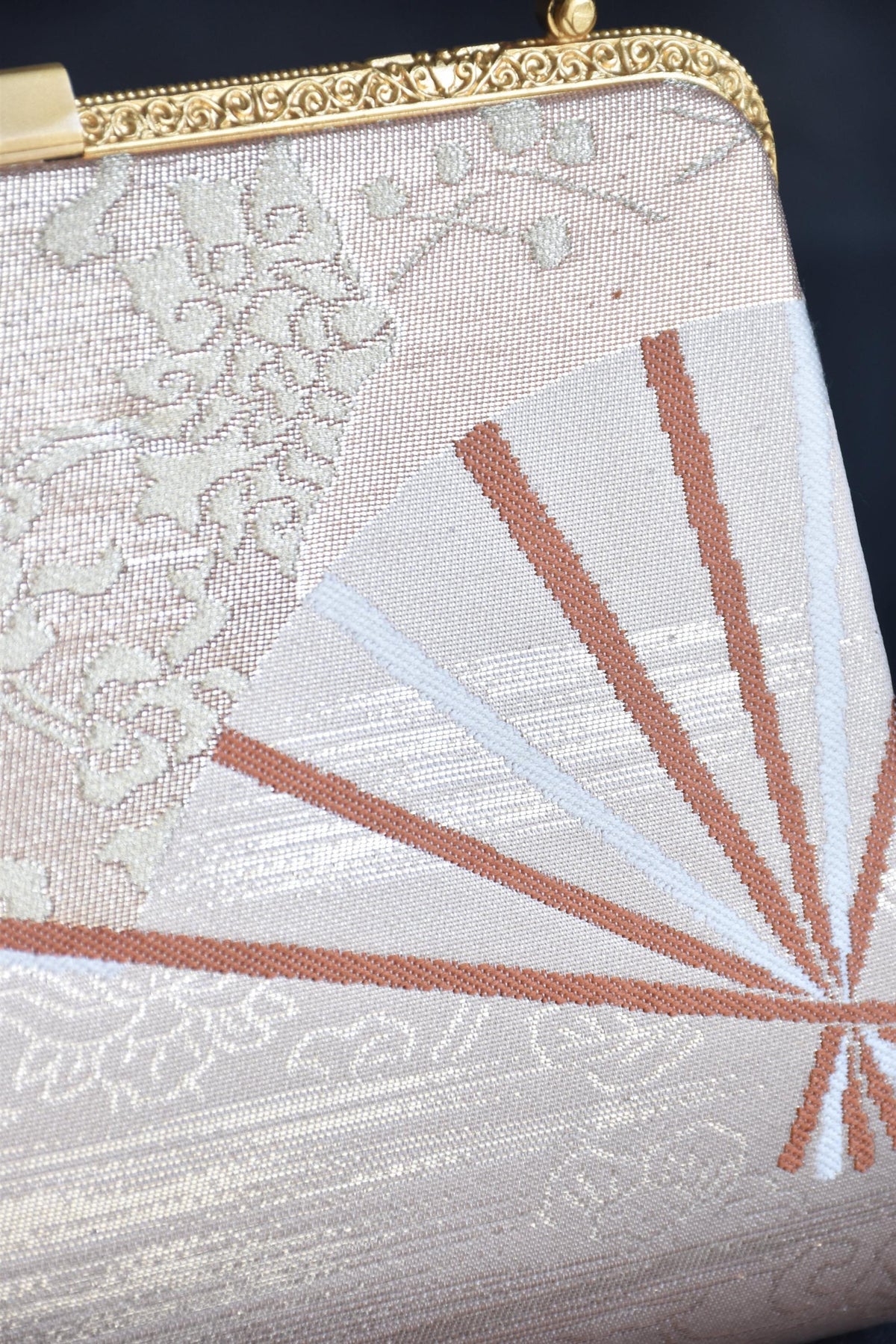 Gold And Champagne Obi Brocade Kimono Bag With Fan Motif folding fan motif close up