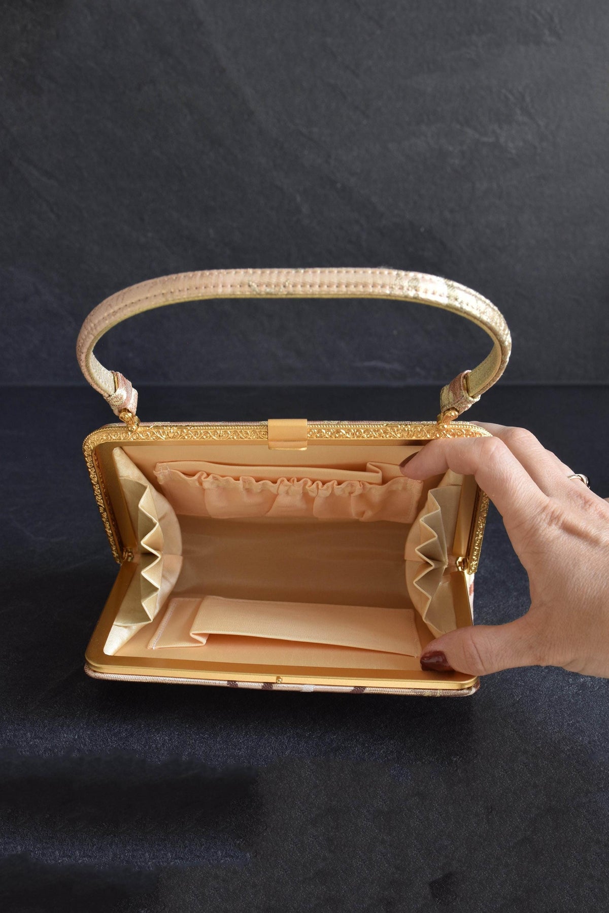 Gold And Champagne Obi Brocade Kimono Bag With Fan Motif inside interior view