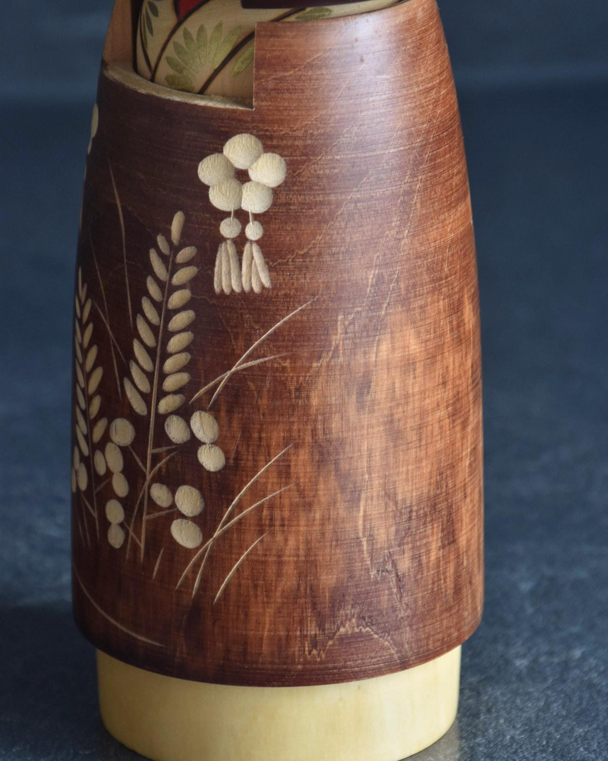 Sato Suigai Sosaku kokeshi doll Shijo close up of carved floral cord tassels