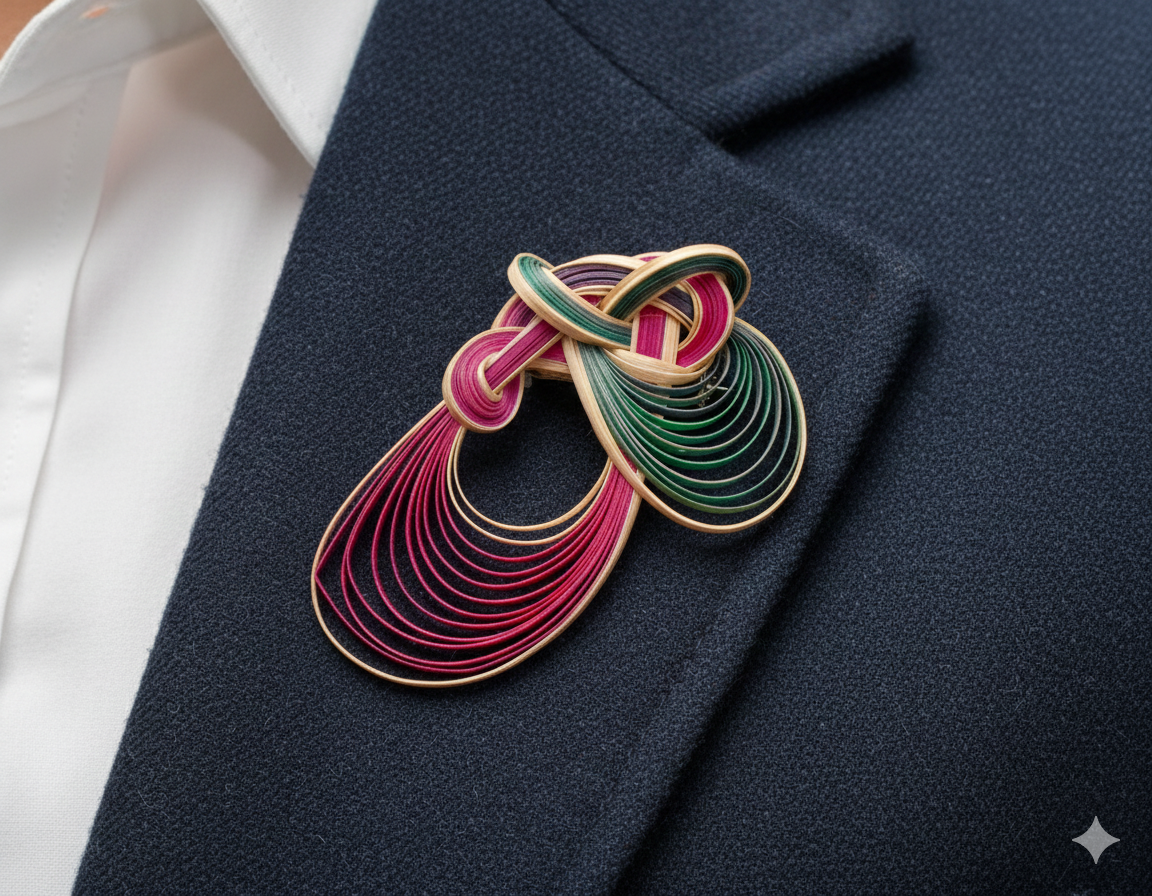 Vintage Japanese brooches and hand-carved wooden pins featuring traditional floral and geometric motifs.