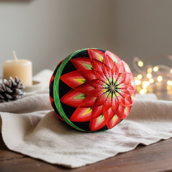 Intricately hand-embroidered traditional Japanese Temari balls featuring complex geometric patterns.
