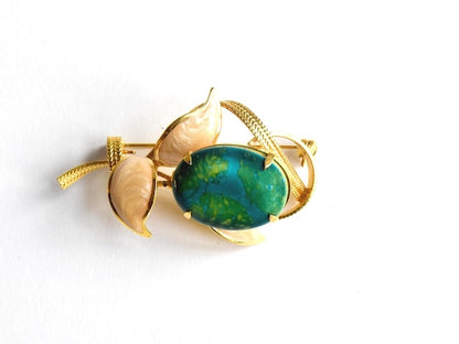 Kutani Brooch Green Ceramic Cabochon Gold-Tone Leaves