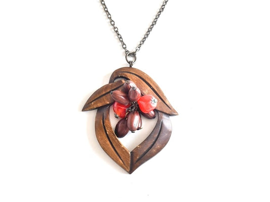 Tsuge Wood Carved Leaf & Berry Pendant Necklace