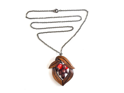Tsuge Wood Carved Leaf And Berry Pendant Necklace