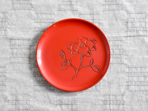 Red Carved Lacquer Camellia Plate