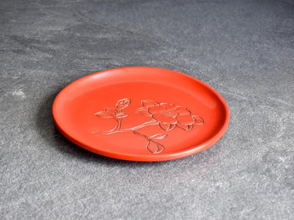 Red Carved Lacquer Camellia Plate