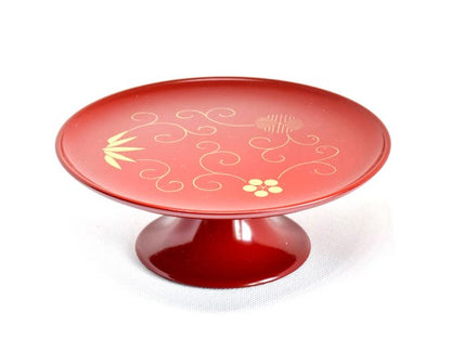 Red Lacquer Pedestal Plate With Gold Motif