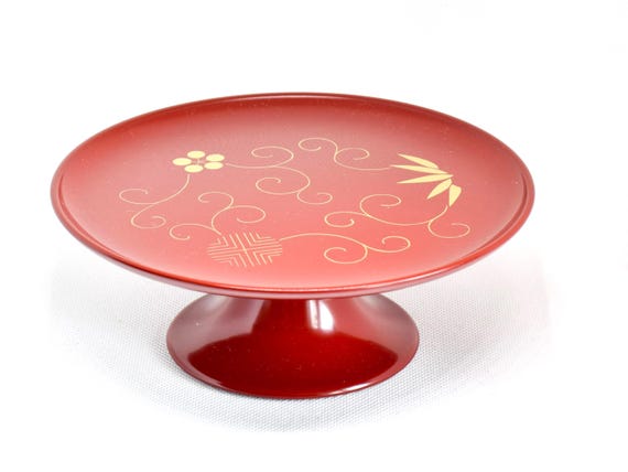 Red Lacquer Pedestal Plate With Gold Motif