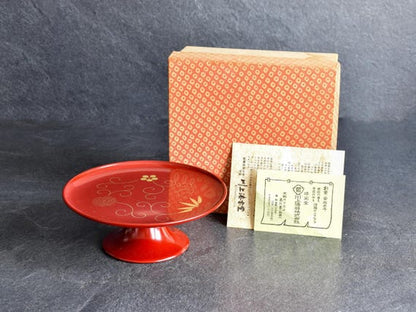 Red Lacquer Pedestal Plate With Gold Motif