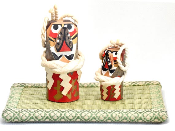 Japanese Inuhariko Guardian Dog Figurines, vintage hand-carved wooden kokeshi dolls set with red and white motifs