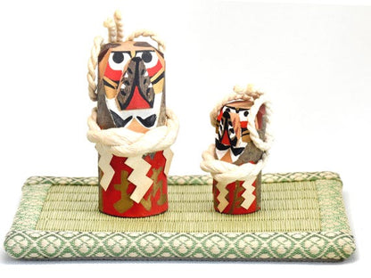 Japanese Inuhariko Guardian Dog Figurines, vintage hand-carved wooden kokeshi dolls set with red and white motifs