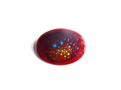 Kutani Dark Red Ceramic Brooch closeup showing the glazed ceramic centerpiece with bursts of golden yellow and turquoise