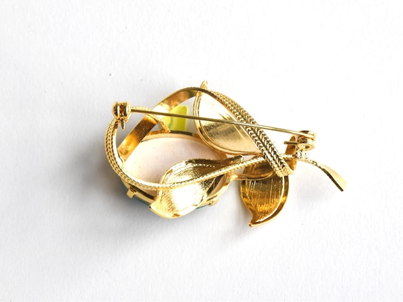 Kutani Brooch Green Ceramic Cabochon Gold-Tone Leaves
