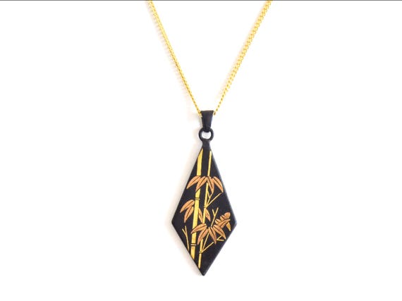 Damascene Pendant Necklace: Black & Gold Bamboo