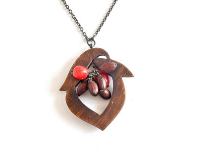 Tsuge Wood Carved Leaf And Berry Pendant Necklace