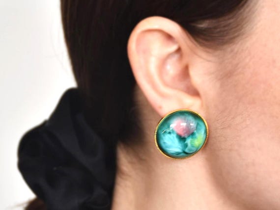 Kutani Ware Ceramic Earrings vintage Japanese clip-ons worn on ear