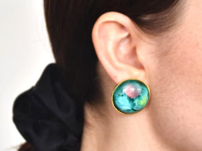 Kutani Ware Ceramic Earrings vintage Japanese clip-ons worn on ear