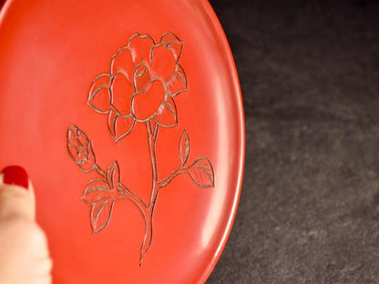 Red Carved Lacquer Camellia Plate