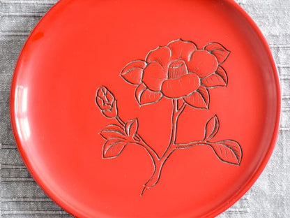 Red Carved Lacquer Camellia Plate