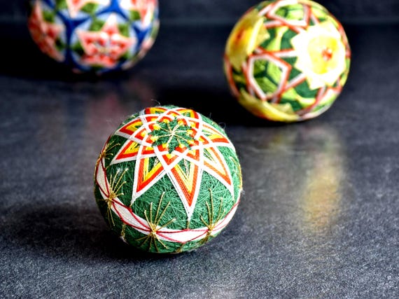 Japanese Temari Ball Geometric Green Yellow