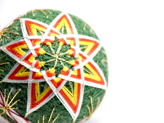 Japanese Temari Ball Geometric Green Yellow