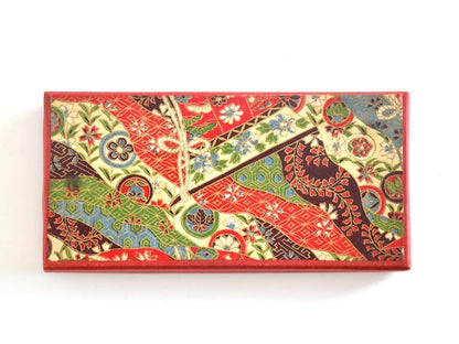 Washi paper chopstick rests set shown closed inside its decorative kimono pattern box