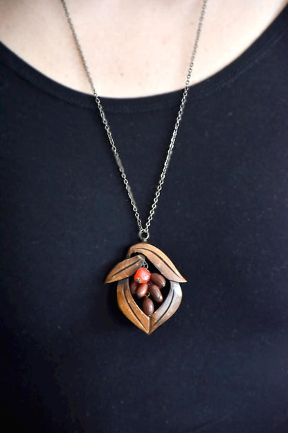 Tsuge Wood Carved Leaf And Berry Pendant Necklace