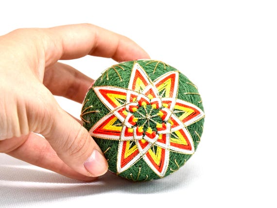 Japanese Temari Ball Geometric Green Yellow