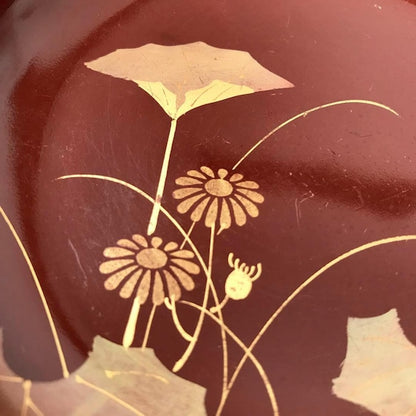 Japanese Urushi Lacquer Plates With Gold Floral Designs