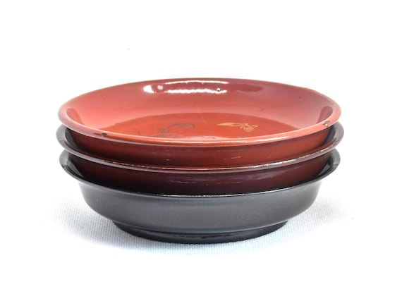 Japanese Urushi Lacquer Plates With Gold Floral Designs