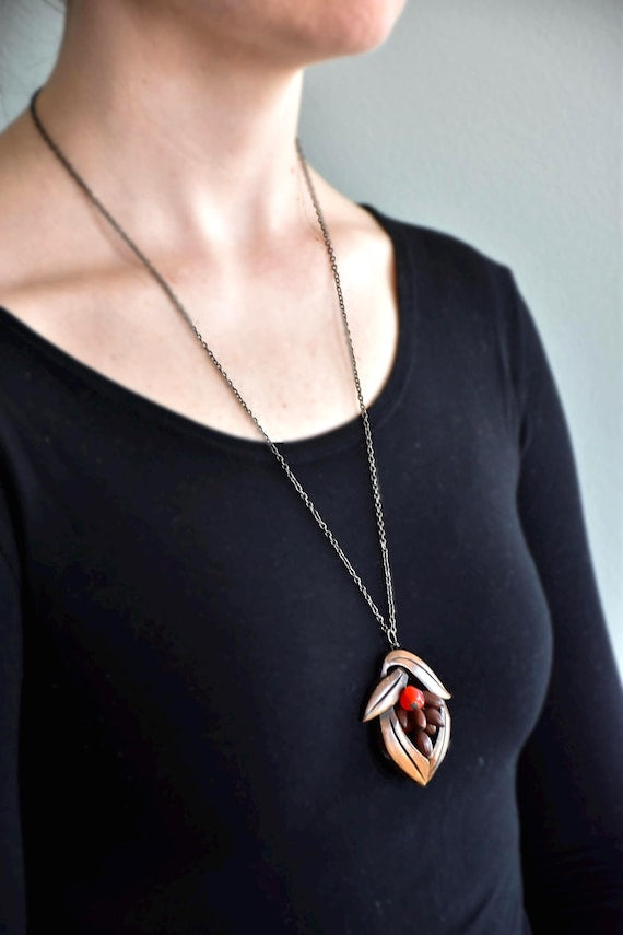Tsuge Wood Carved Leaf And Berry Pendant Necklace