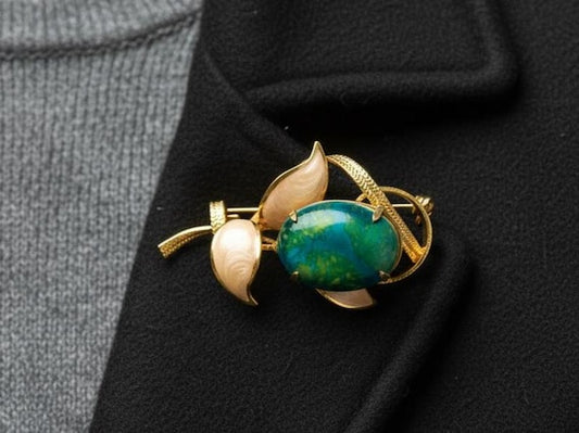 Kutani Brooch Green Ceramic Cabochon Gold-Tone Leaves