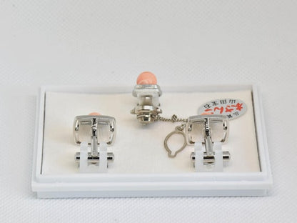 Ezaki Coral Cufflinks & Tie Pin Set back view showing metal clasps inside the original box