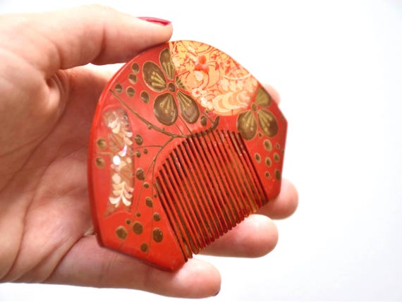 Japanese Kushi Comb Red Floral