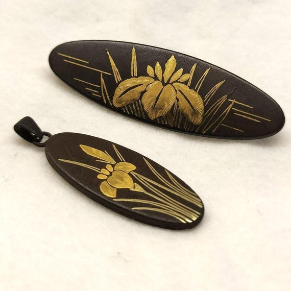 Japanese Zogan Brooch And Pendant Set