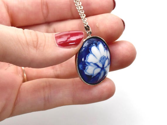 Kiyomizu-Yaki Blue Floral Porcelain Pendant Necklace
