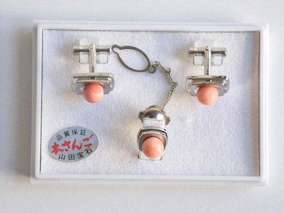 Ezaki Coral Cufflinks & Tie Pin Set front view in original box with genuine coral label