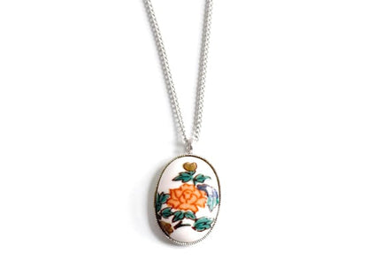 Kutani Porcelain Floral Pendant Necklace