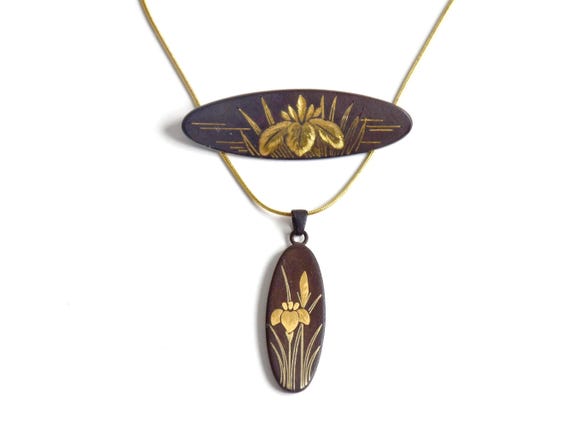 Japanese Zogan Brooch And Pendant Set