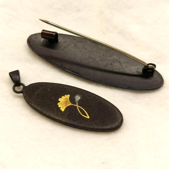 Japanese Zogan Brooch And Pendant Set