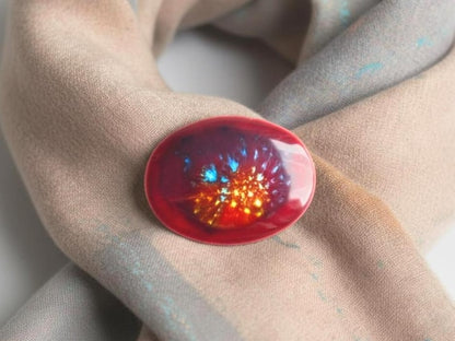 Kutani Dark Red Ceramic Brooch pinned to a soft draped scarf showing its vibrant glazed surface and gold highlights