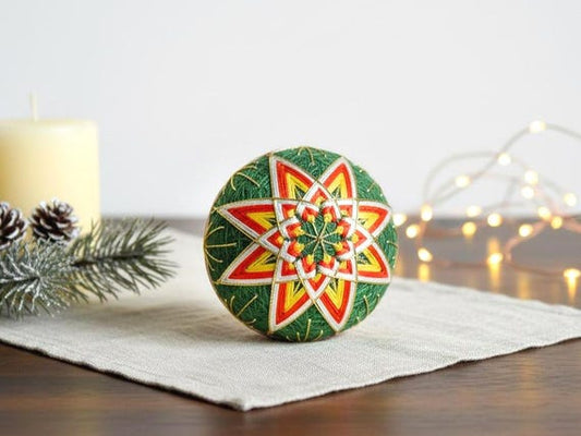 Japanese Temari Ball Geometric Green Yellow