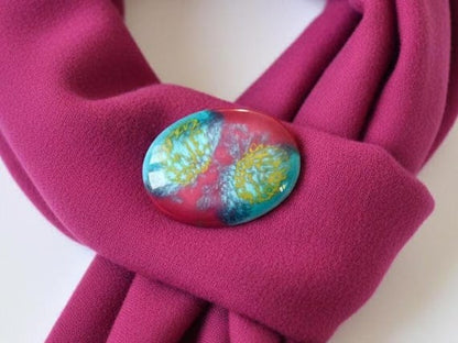 Kutani Ceramic Brooch Turquoise & Pink